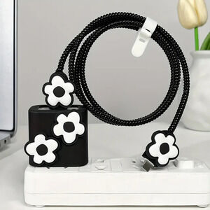 Black White Flowers iPhone Charger Cover Cable Protector P60